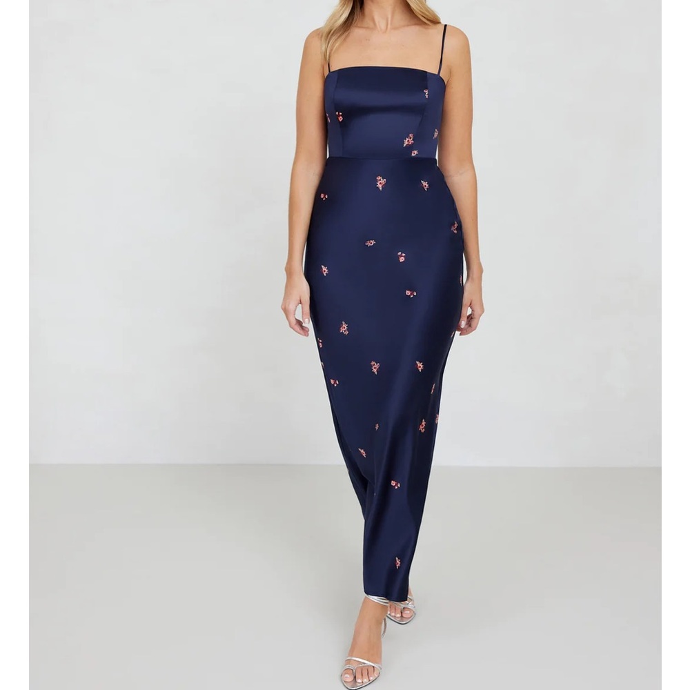 Park & Fifth Navy Satin Maxi Dress with Pink Floral Embroidery